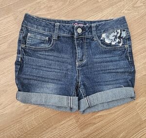 Red Camel Dark Blue Jean Shorts with Floral Embroidered Accents